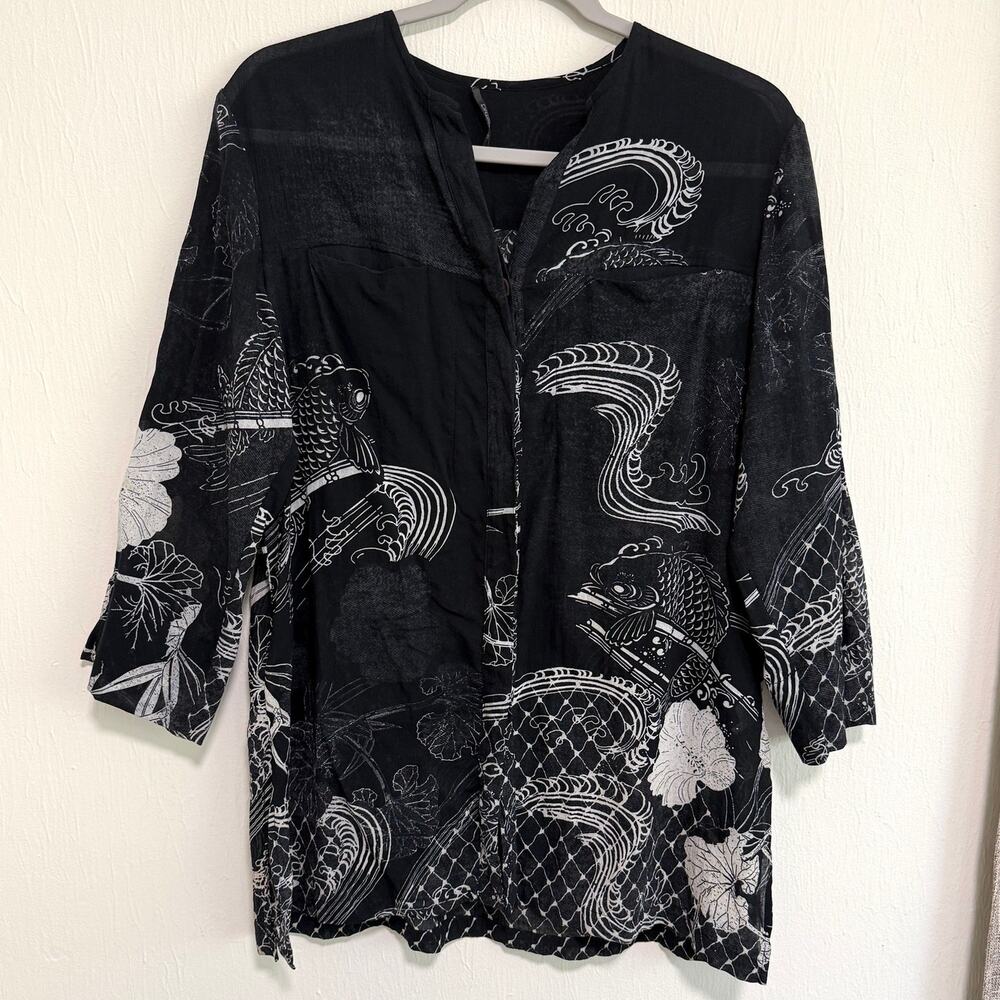 Dressori Womens Tunic Top M Black Koi Fish Asian Art to Wear 3/4 Sleeve Gauzey